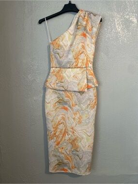 ASOS One-Shoulder Marble-Print Peplum Dress in Orange, Cream, Gray